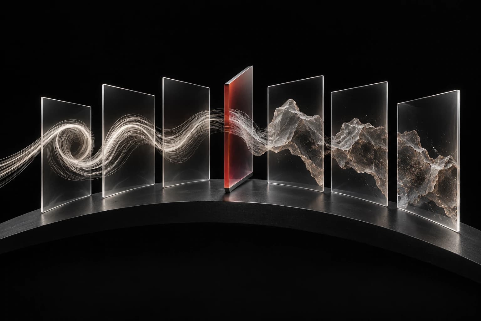 Seven translucent silver-edged planes follow a graphite arc; white filaments pass through them while a red-edged central plane separates shifting mineral contours.