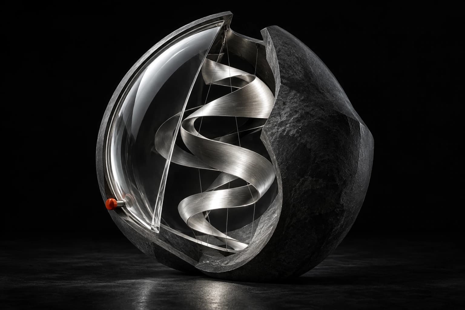 A suspended silver helical ribbon sits inside an open graphite shell with a curved glass inspection window and a small red adjustment pin