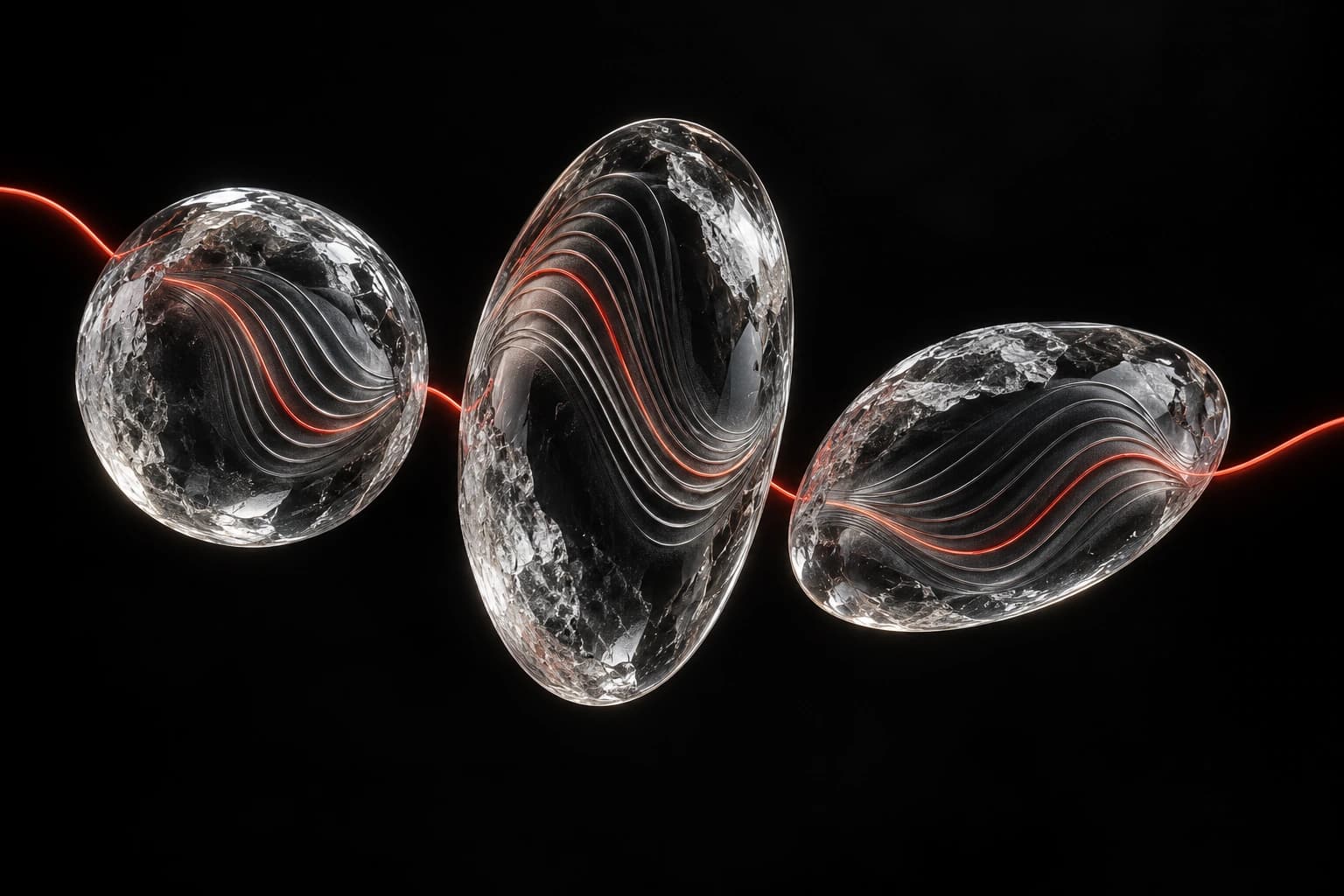 Three differently shaped translucent mineral chambers hold layered silver contour echoes beside one fine red signaling filament.