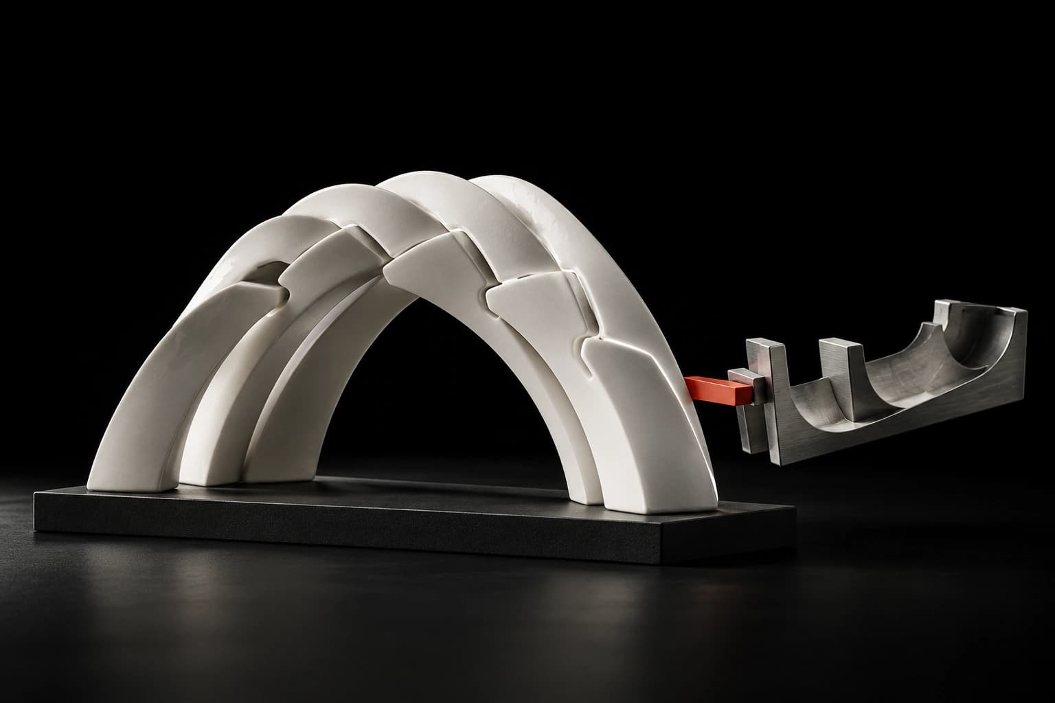 Interlocking white porcelain ribs stand on a graphite base beside a withdrawn silver cradle, with a red spacer at the point of separation.