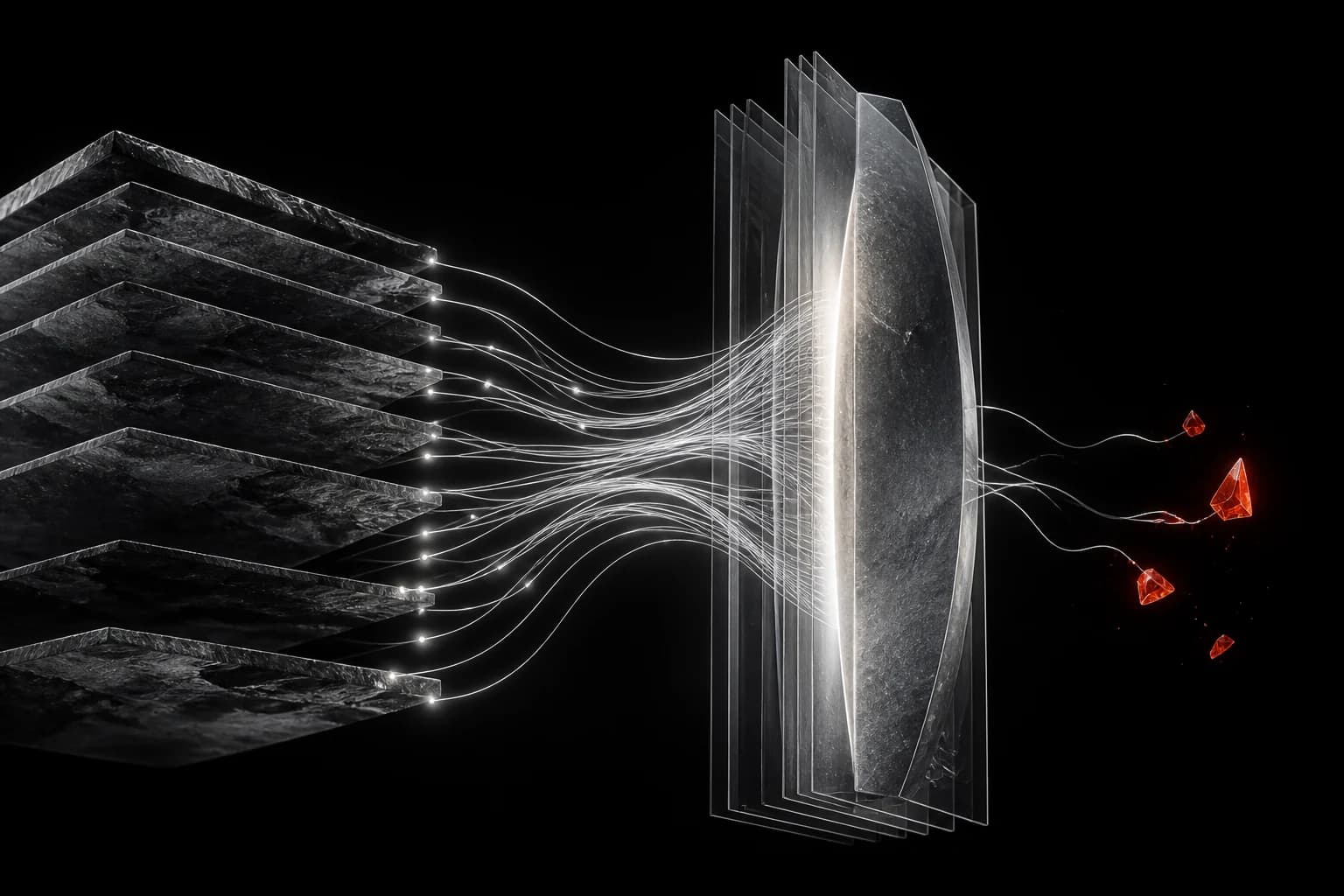 Graphite source slabs feed silver evidence strands into a translucent answer structure while a few isolated red fragments break away beyond the evidence path