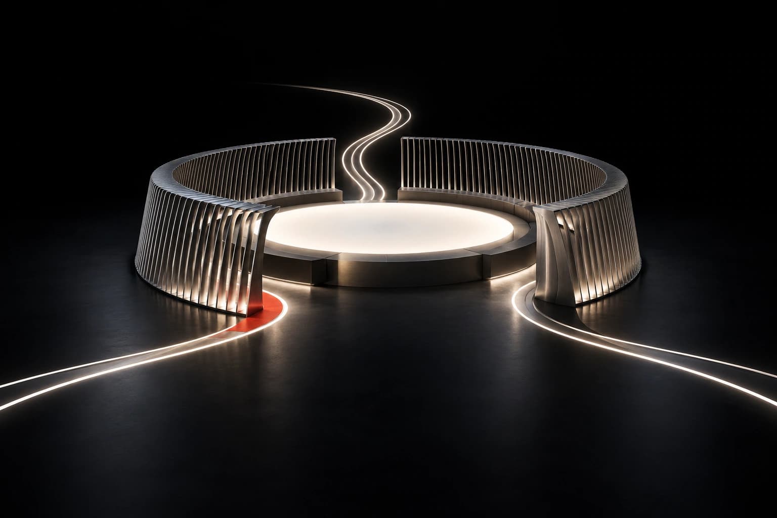A circular graphite reading pavilion with curved silver ribs and three separate white filament paths through open entrances, one marked by a red inlay.