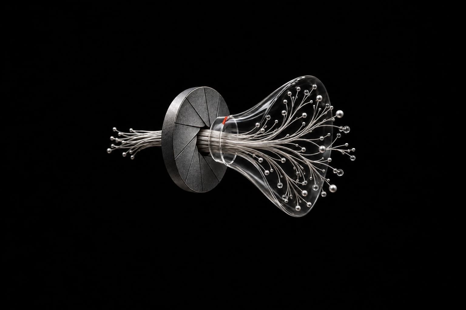 Branching silver filaments pass through a graphite aperture and transparent collar, with a small red marker defining a controlled opening