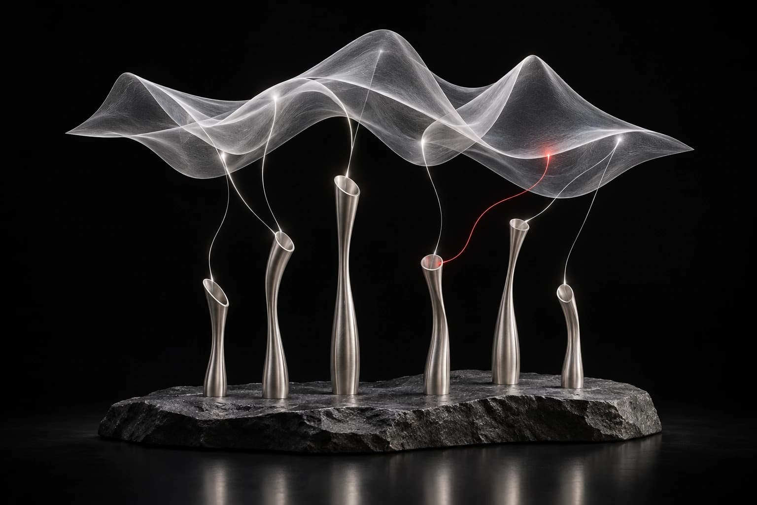 Six silver resonating forms connect by fine filaments to a floating translucent acoustic sheet, with one red feedback strand.