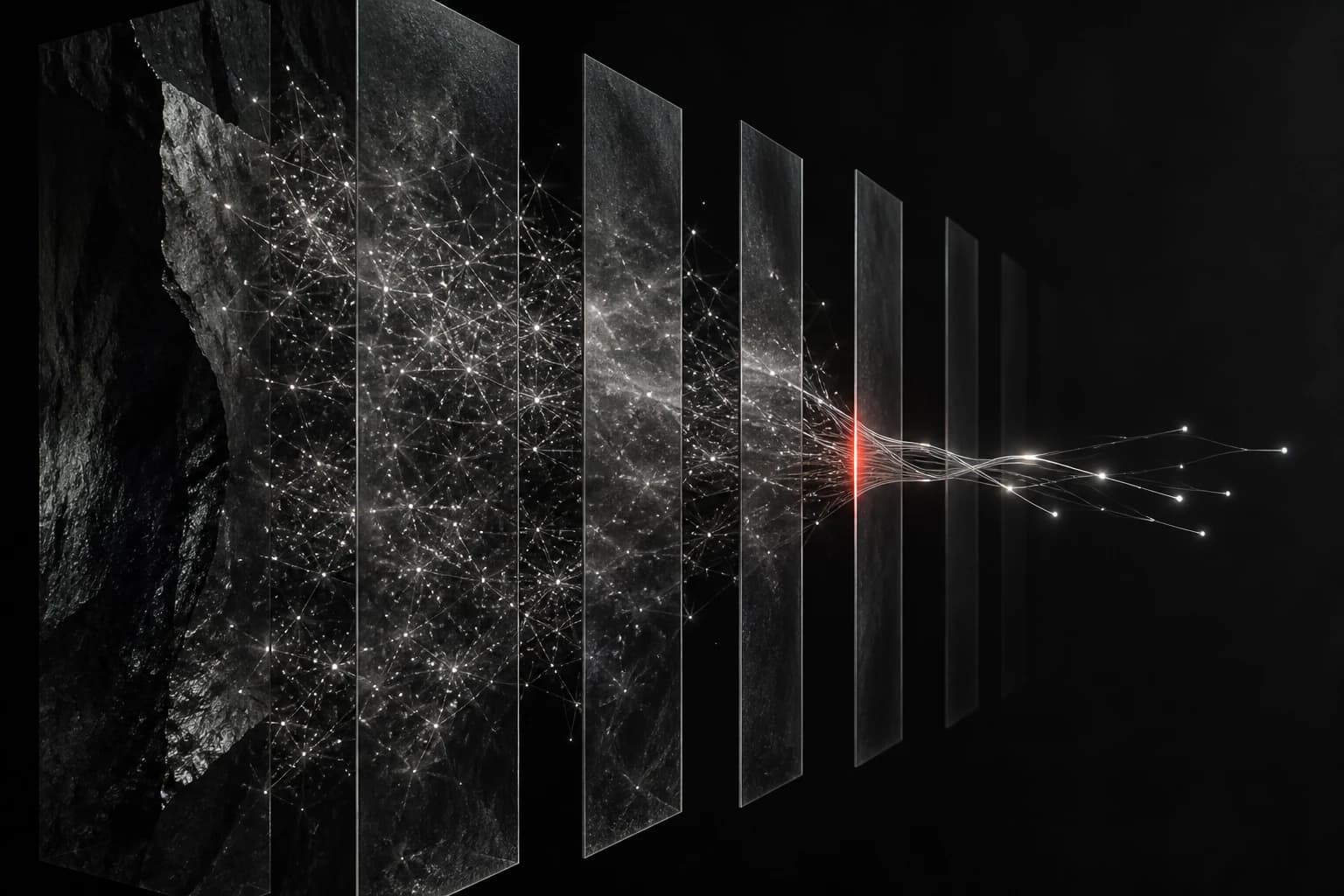 A graphite archive holds silver points of light behind translucent layers, while one narrow red aperture allows only part of the stored pattern into a black field