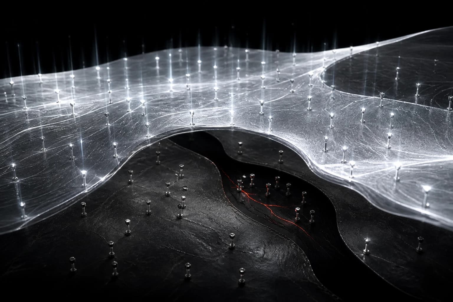 A bright silver model surface rises across most test points while a small cluster remains below it beside a restrained red fault line and an older graphite layer