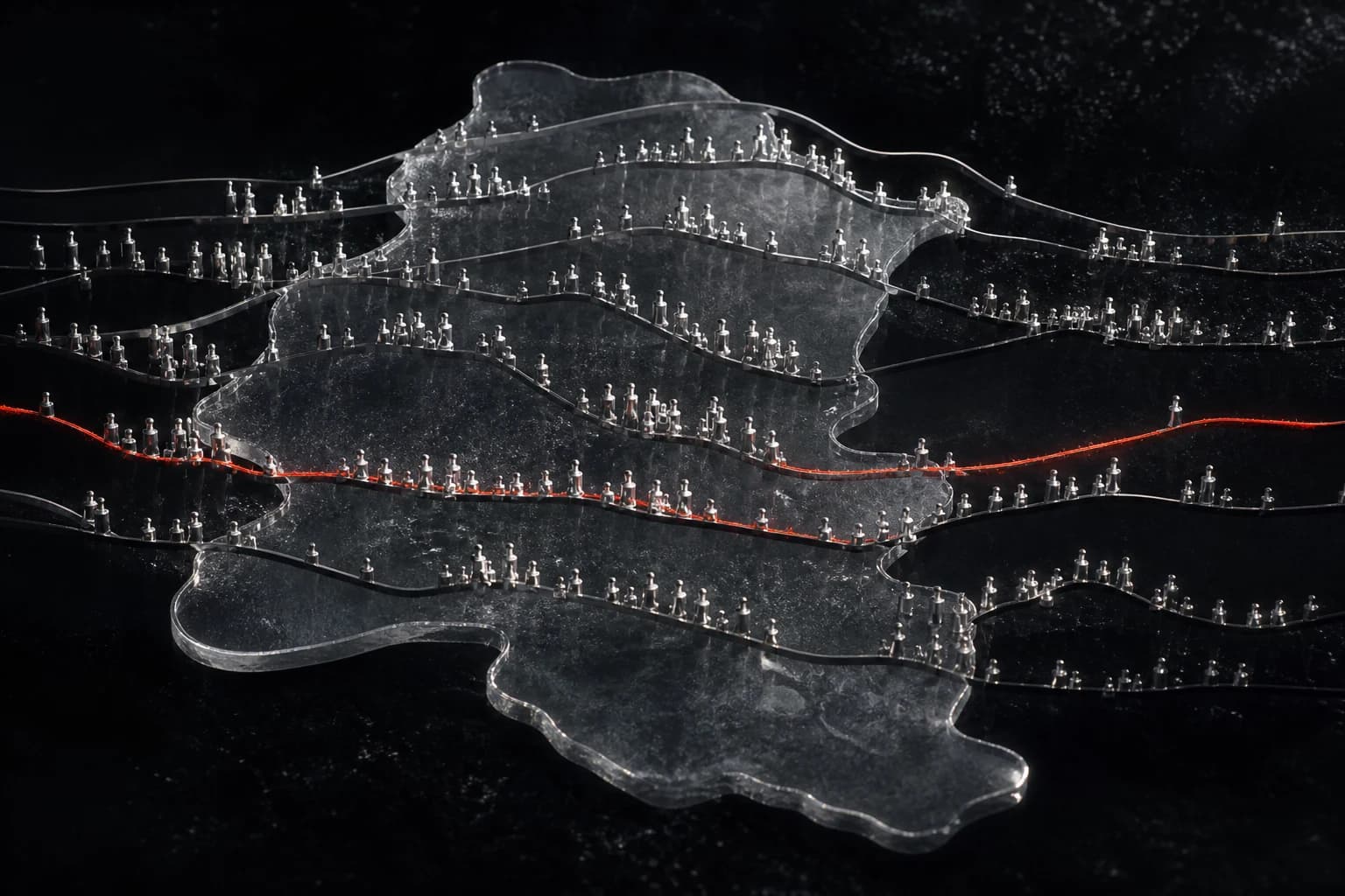 Silver social layers cross a translucent geographic boundary while a red thread follows one layer across it