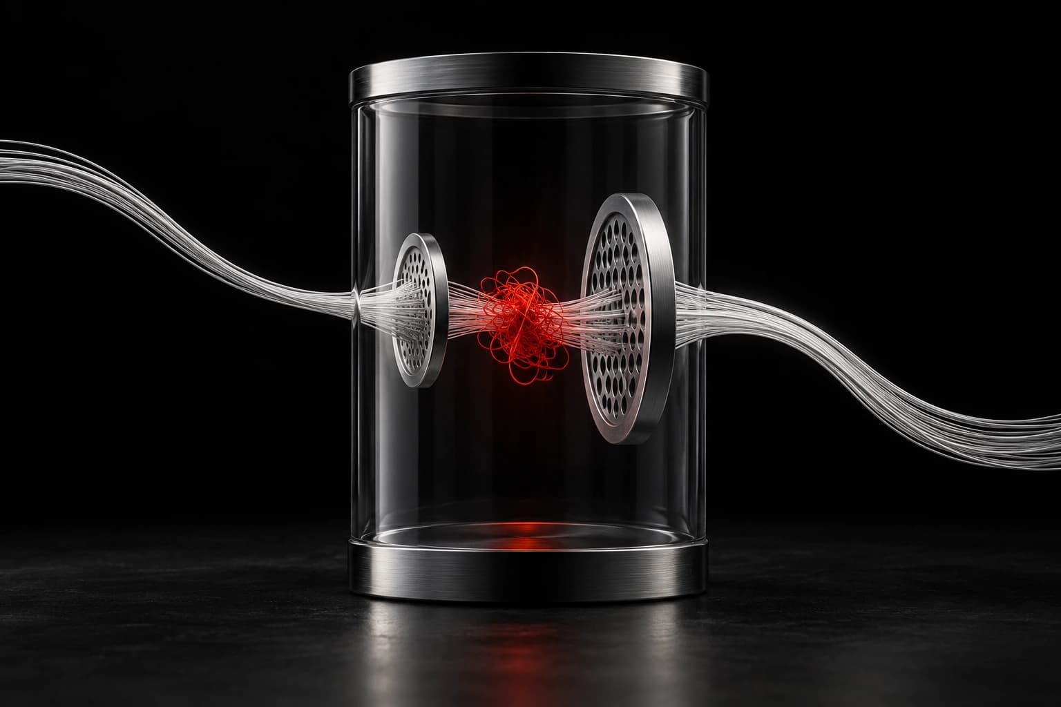 A silver conversation filament passes through two screening apertures inside a dark glass enclosure, with a small red warning knot caught within it.