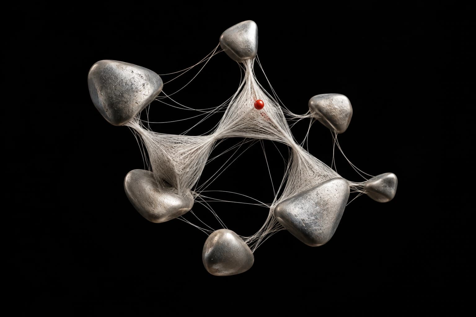 Irregular silver pebbles are linked by white filaments forming triangular woven motifs around one small red fastening point.
