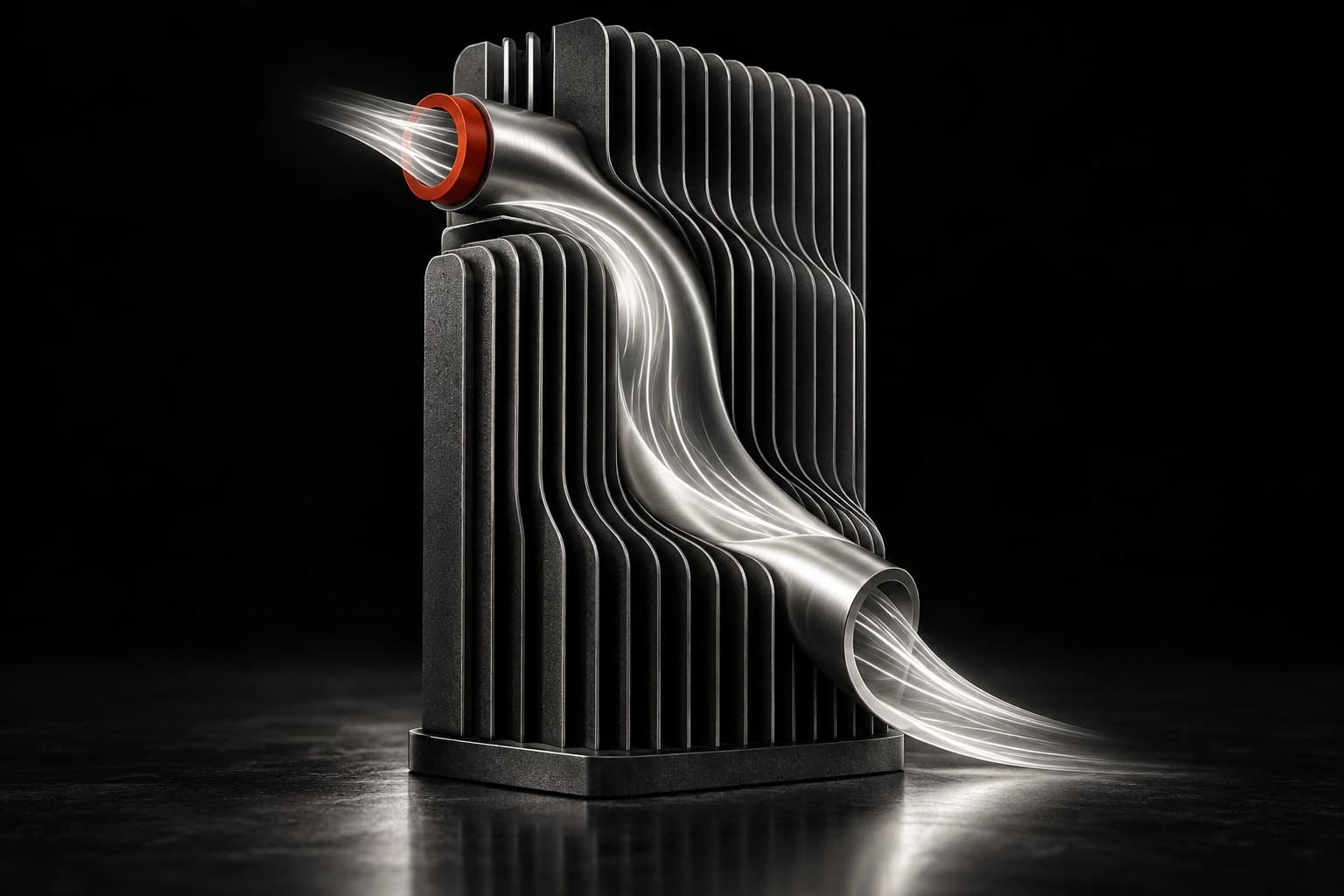 White luminous flows pass through a curved silver conduit held within stacked graphite fins, with one red capacity collar at its entrance