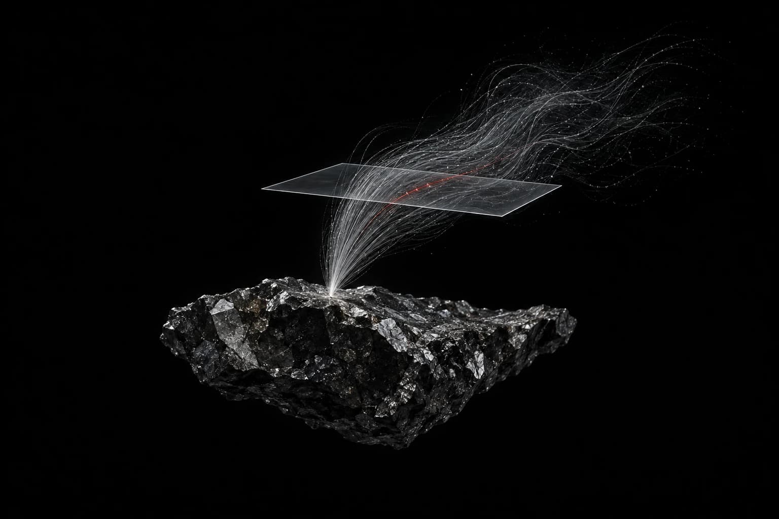 Silver filaments rise from an abstract dark mineral landscape through a translucent sampling plane, with one restrained red thread revealing a hidden plume