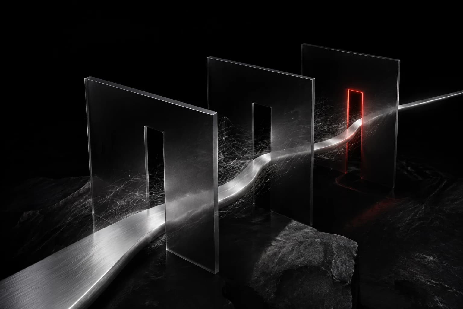 A controlled silver path crosses a sequence of translucent graphite policy planes through three small gates, with one restrained red permission boundary on a deep black field