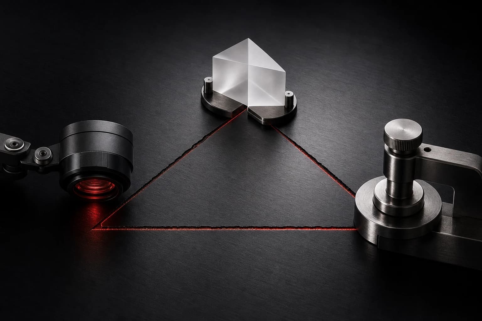 A red probe, white evaluation prism and silver repair press form a closed loop around a repaired seam on a dark metal surface