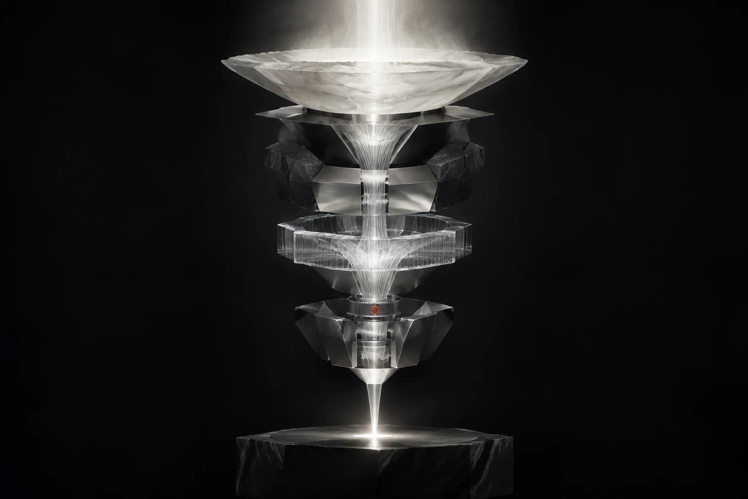 A vertical sculpture of silver, graphite and translucent mineral layers concentrates a diffuse white stream into a single bright point, with one small red adjustment mark