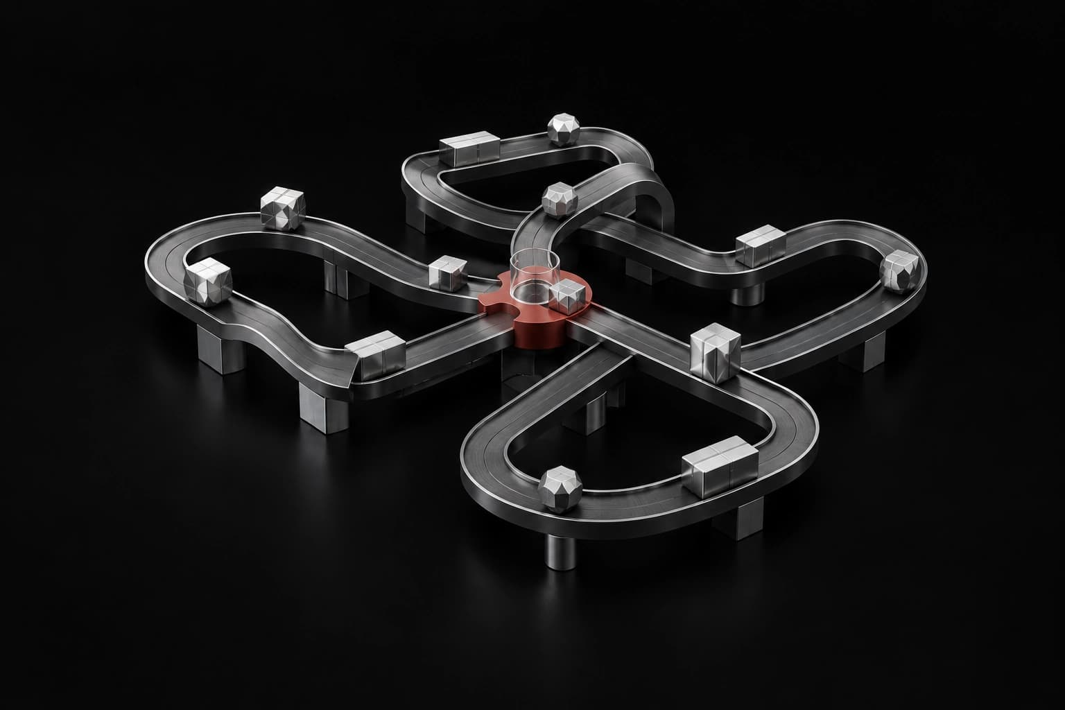Interlocking graphite lanes guide silver parcels through a small vermilion routing junction on a dark editorial canvas