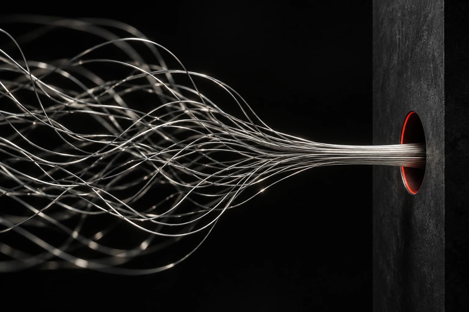 Wandering silver filaments converge through a narrow red-edged aperture in a graphite plane