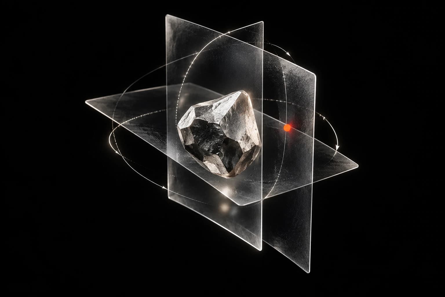 Translucent imaging planes follow the orientation of an abstract silver pebble, guided by fine arcs and one red alignment point.