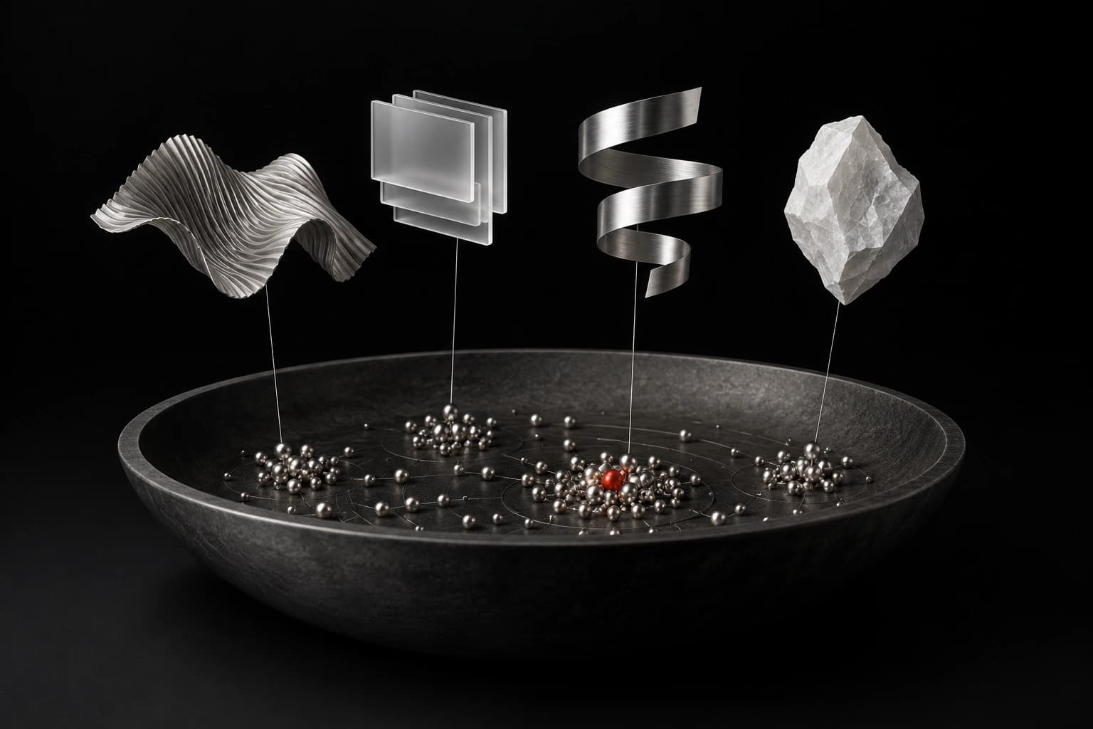Four distinct silver structures, including a wave and layered frames, align with matching beads inside a shallow graphite basin