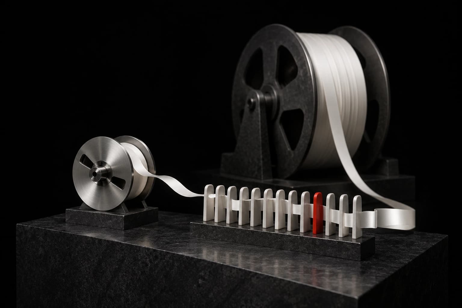 A small silver ribbon spool feeds a row of narrow counting gates with one red marker while a much larger graphite reel stands behind it
