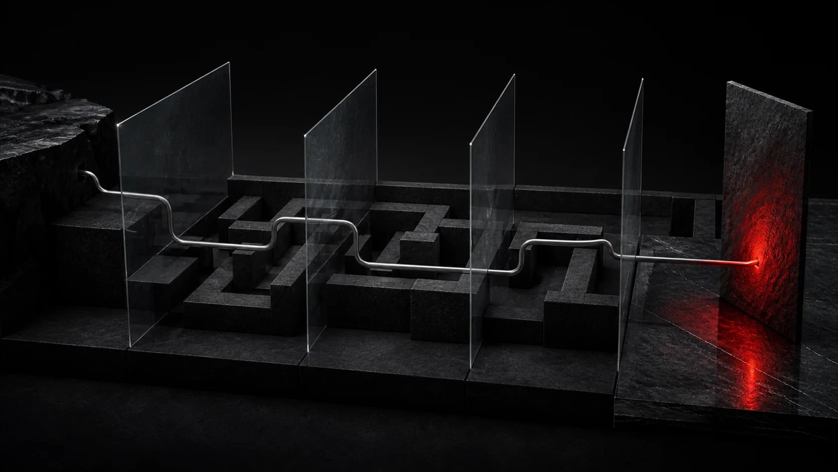 A silver path moves through four transparent planes above a dark graphite maze and ends at one red-lit mineral surface