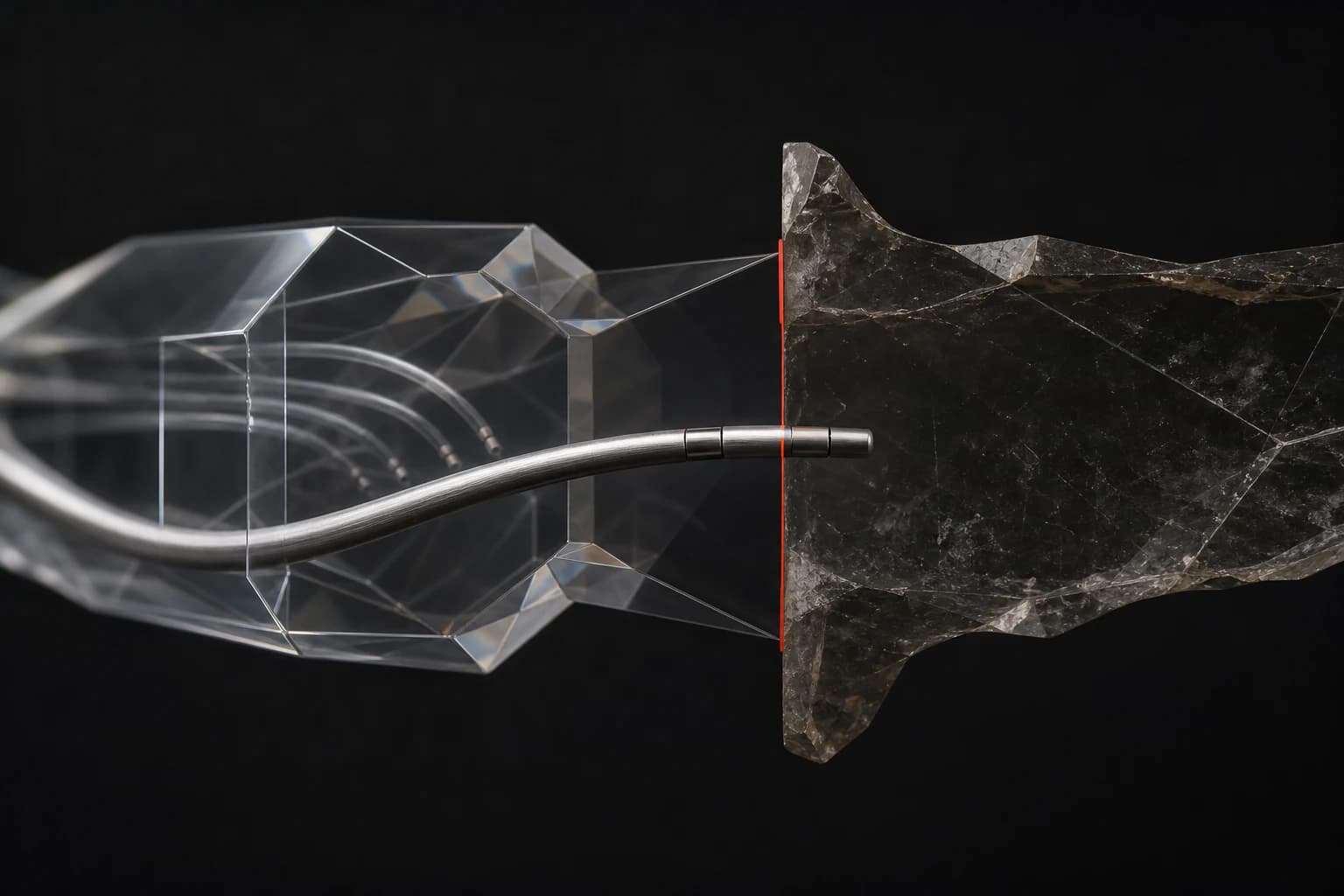 A flexible silver instrument rehearses inside a transparent faceted chamber and stops at a thin red threshold before a dark physical form