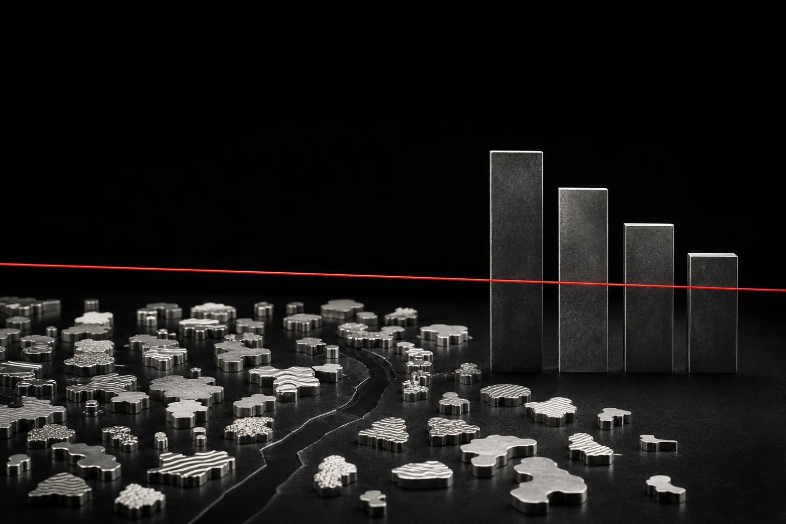 Small silver market pieces and four larger dark pillars share an uneven balance beneath a thin red measuring line