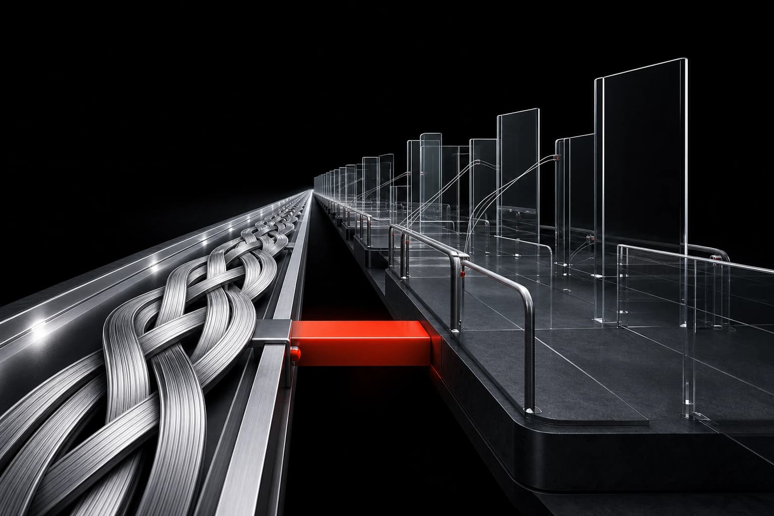 A fast silver training track runs ahead of a slower series of transparent workplace safeguards, joined by a single restrained red checkpoint