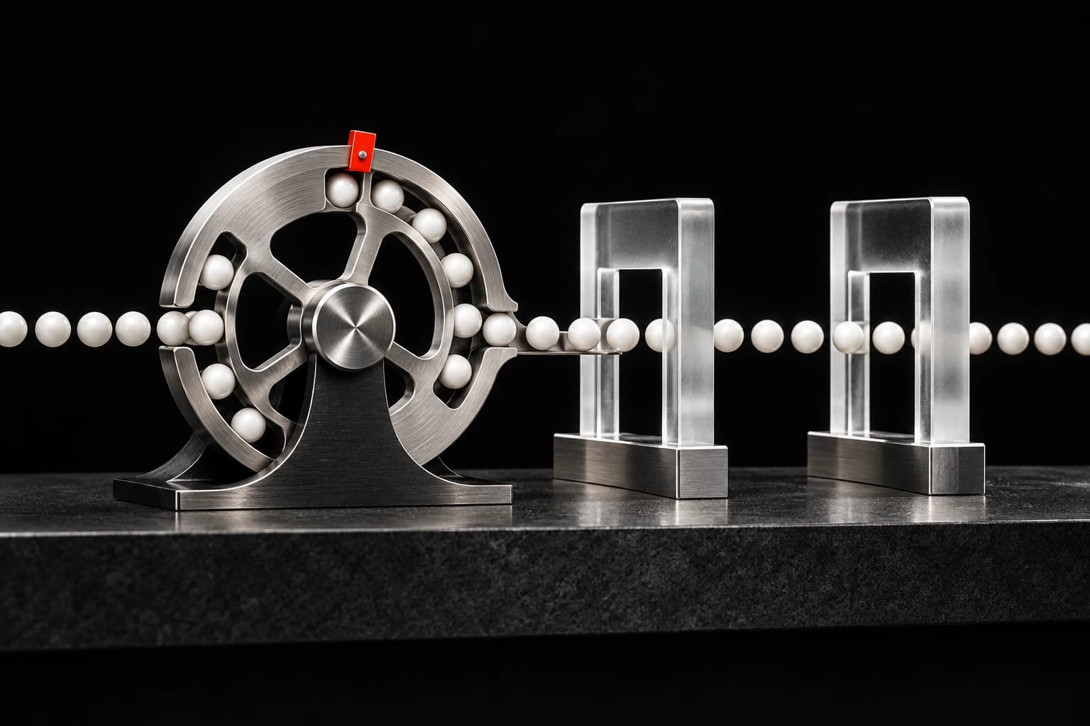 White beads pass through a silver metering wheel and two separate glass inspection gates on a graphite base, with a small red calibration tab.