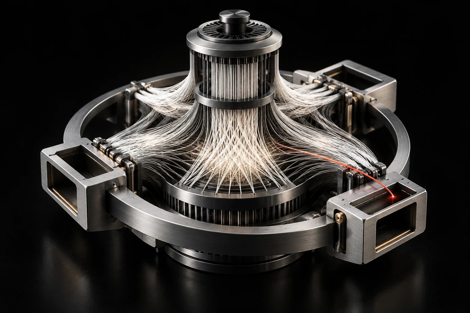 A silver filament loom surrounds a central spindle, with empty docking spaces and one red strand ending at an open bay.