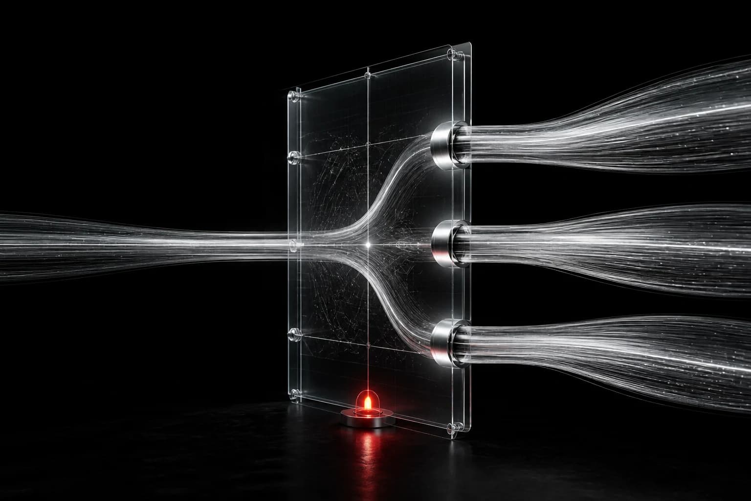A transparent graphite control plane directs one incoming silver flow into three separate paths, with a small red checkpoint at its base