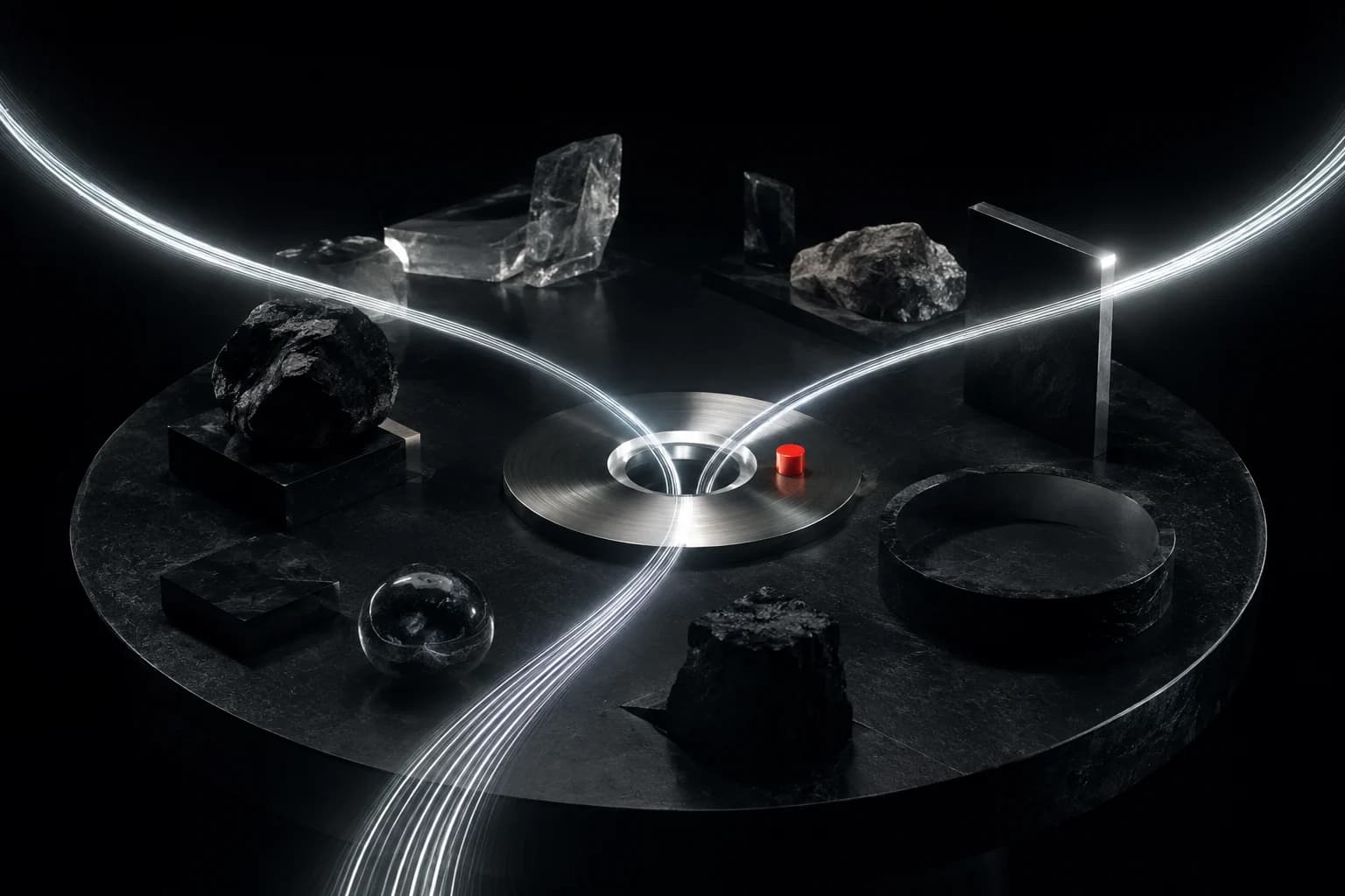 Three fine white paths circle a single graphite research table and converge into one restrained silver aperture, with a small red human control point on a deep black field