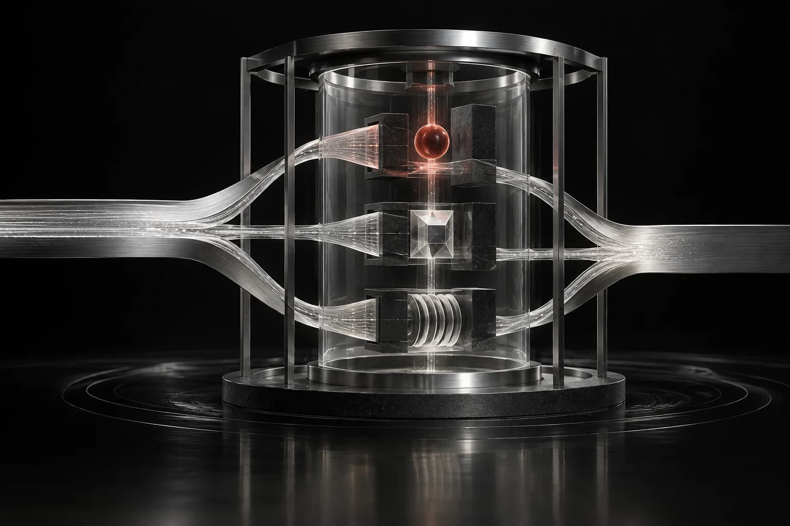 A brushed-silver framework holds a clear central chamber where three luminous paths converge around a single restrained red point