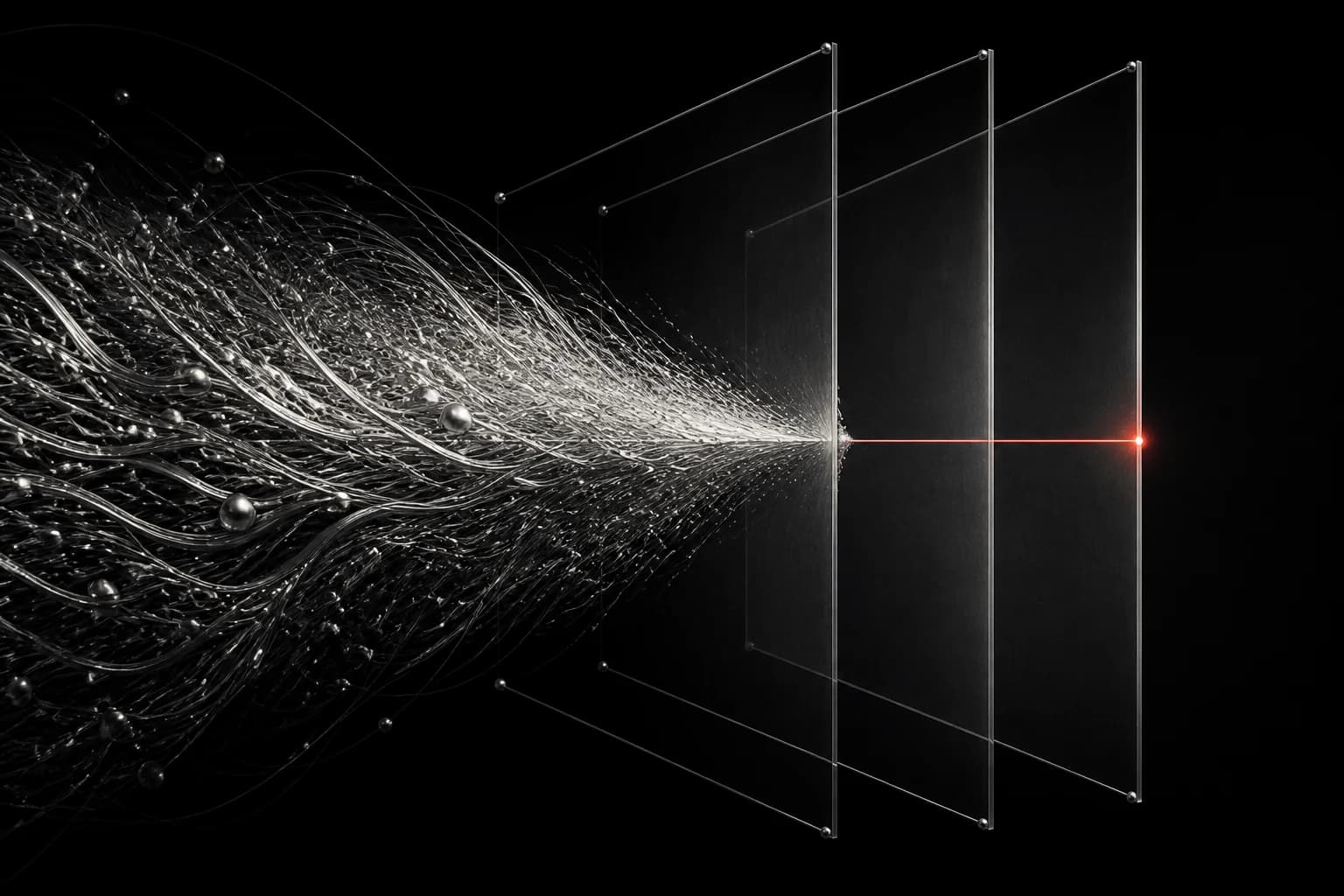 A dense silver field presses against three transparent security planes while a thin red line stops at the final boundary