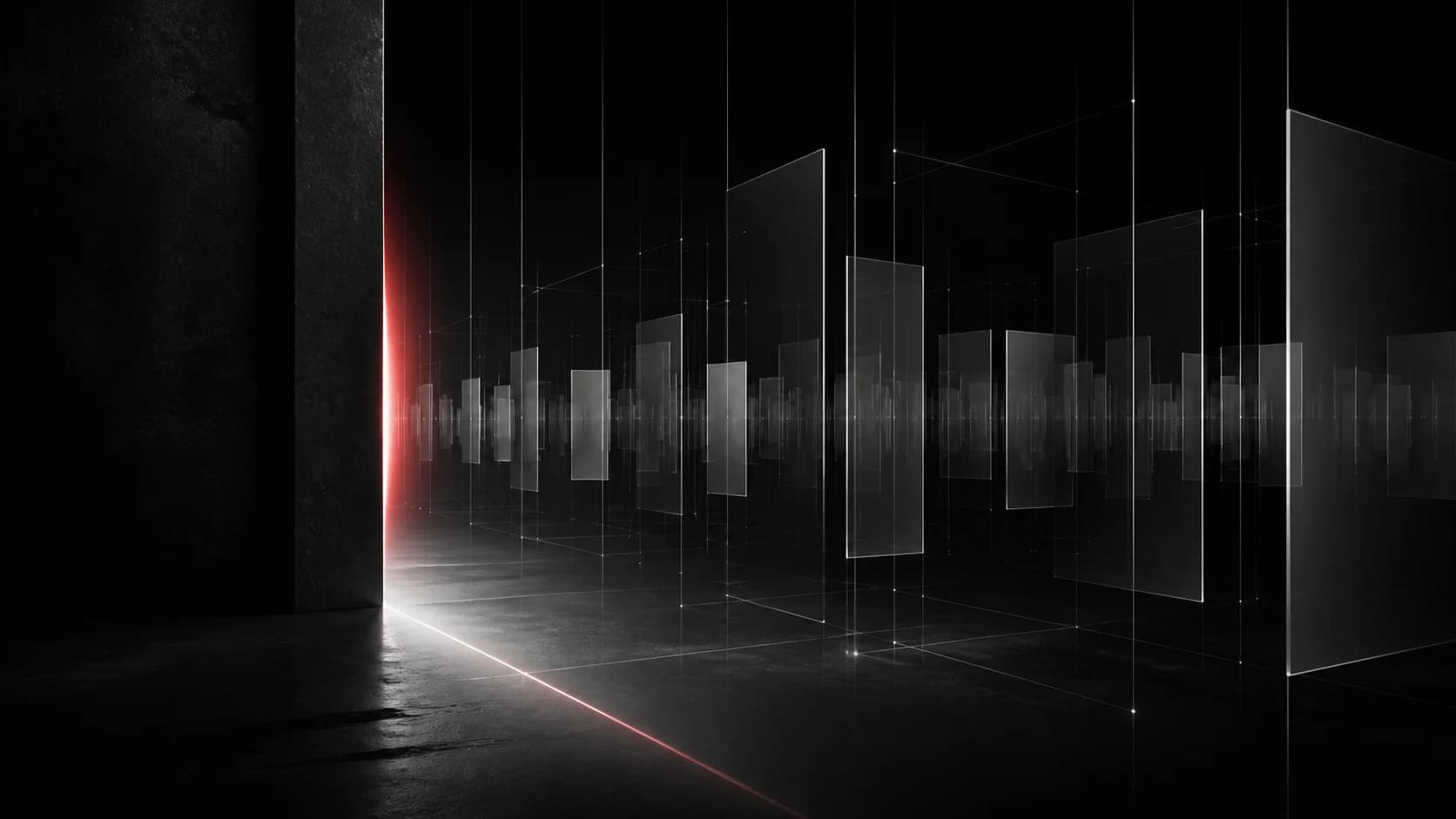 A narrow red-lit threshold opens into a black field of suspended translucent panels linked by fine silver lines