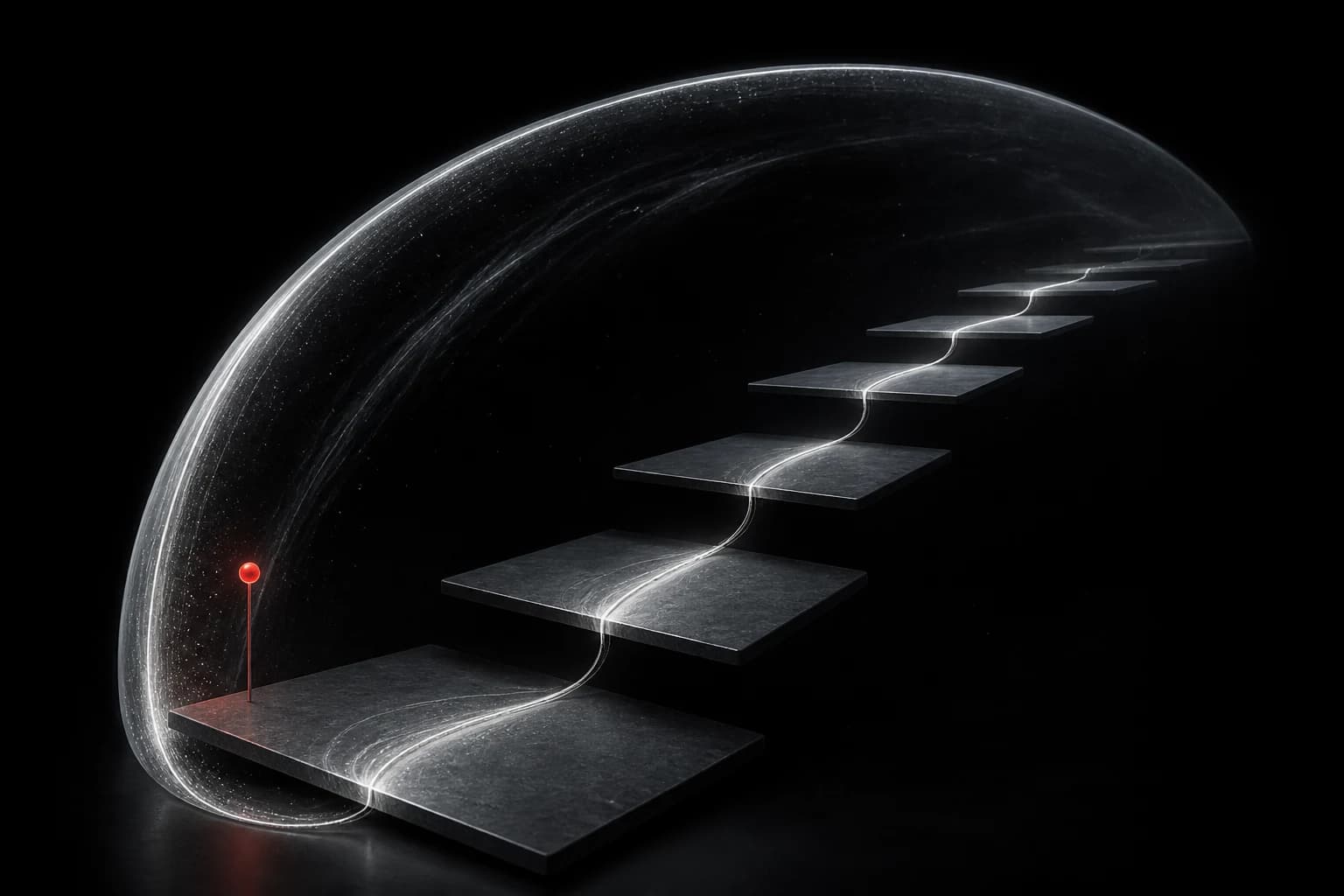 A sequence of graphite platforms linked by a silver path rises inside a translucent protective arc, with one small red boundary marker