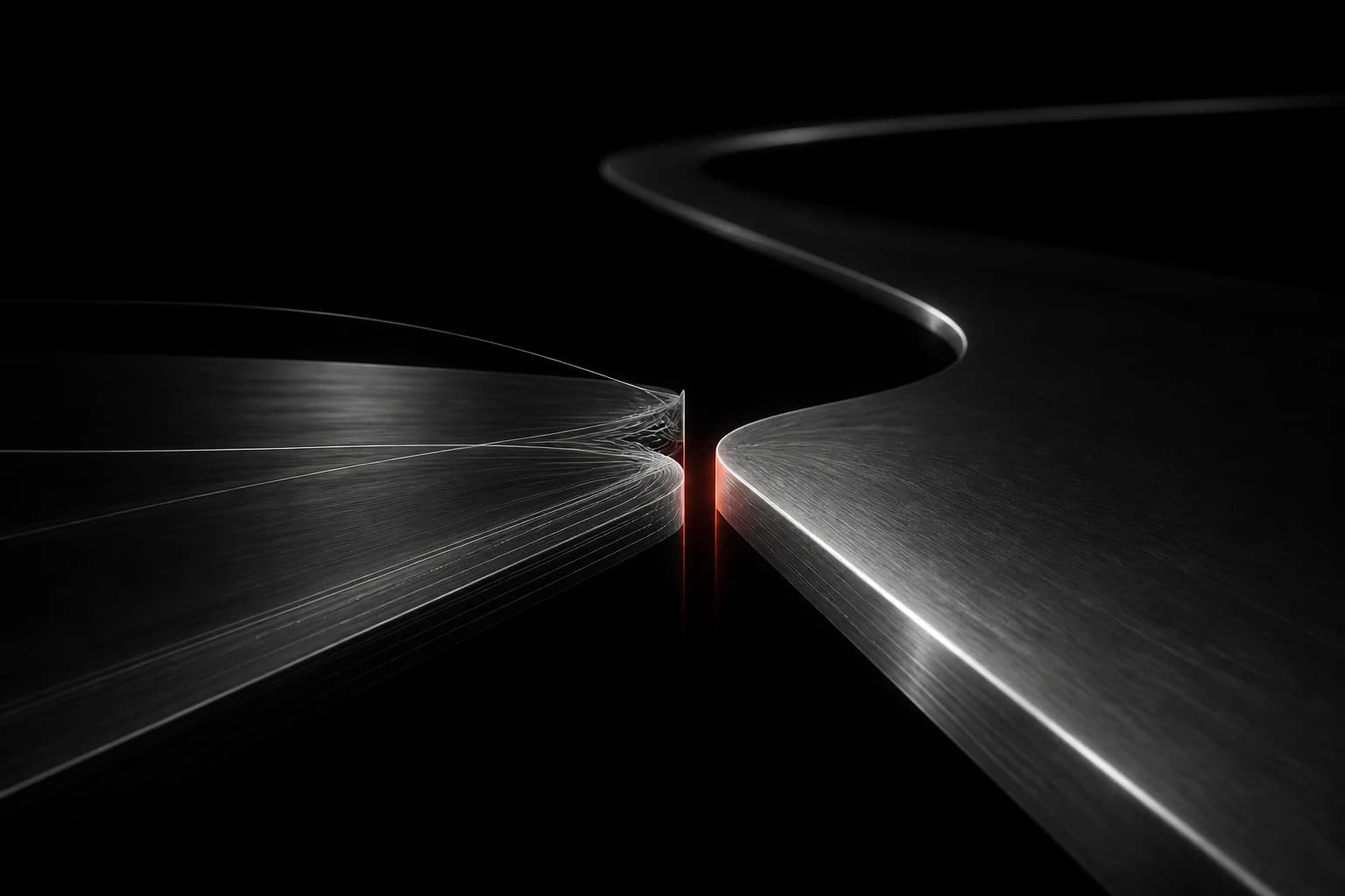 Two wide brushed-silver routes stop just short of each other across a narrow red-lit gap in a black spatial field