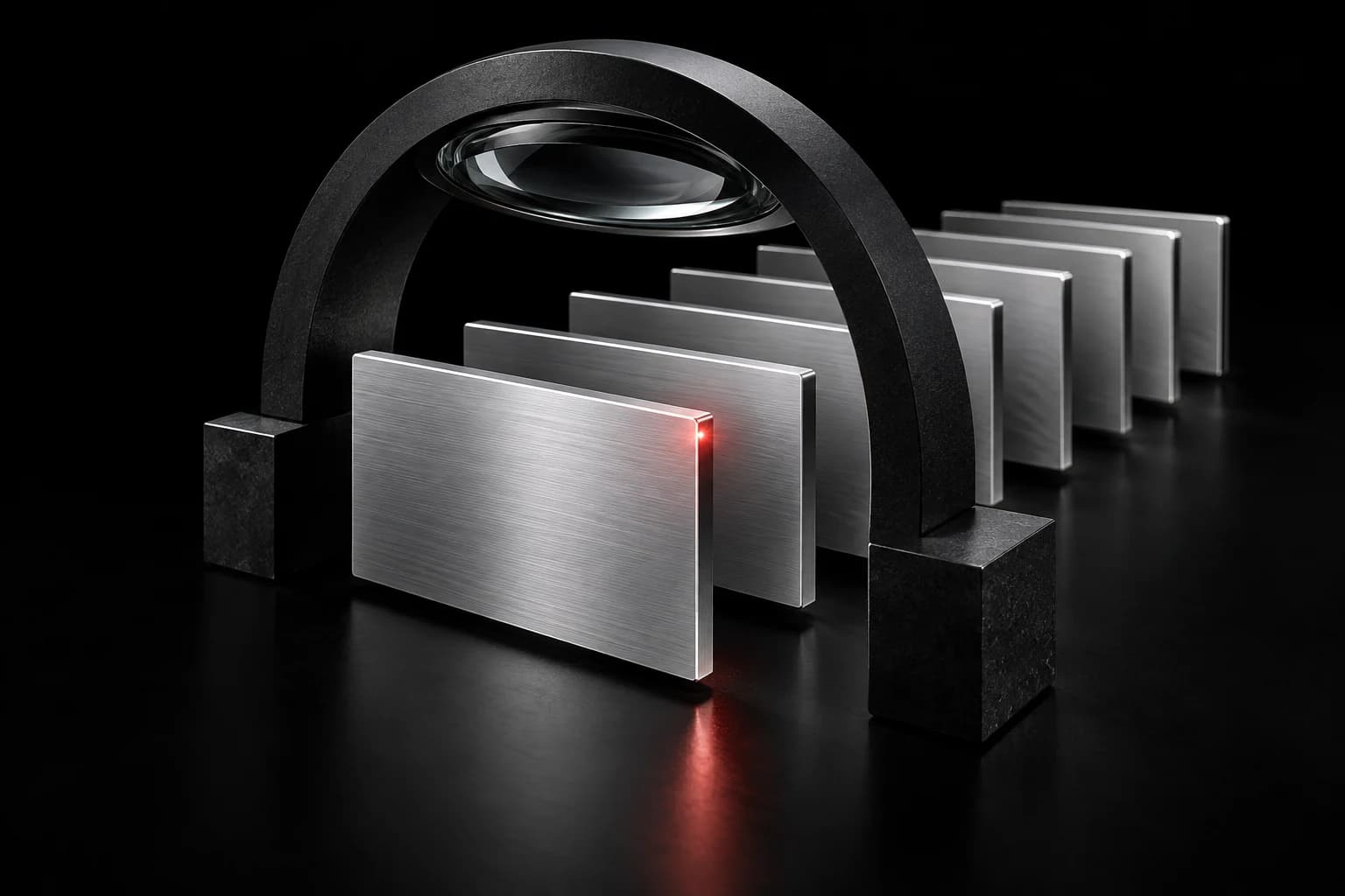 A stack of blank silver reference planes aligns beneath a graphite lens, with one small red verification mark on a dark field