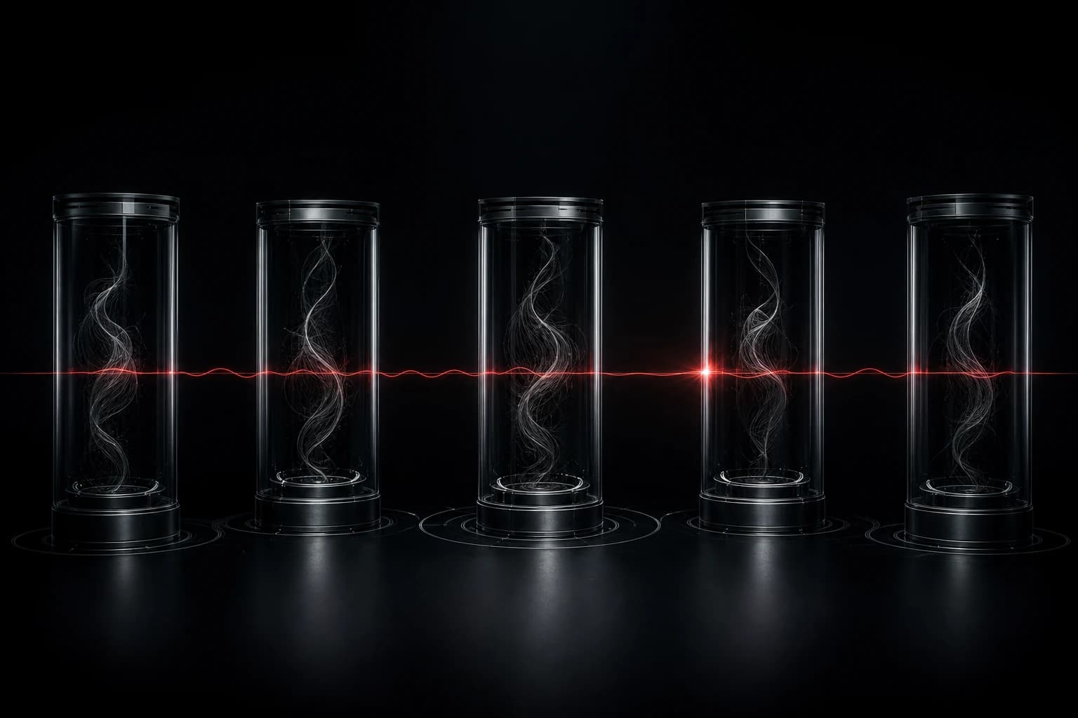 Five translucent containment chambers are tested by one thin red waveform on a black field