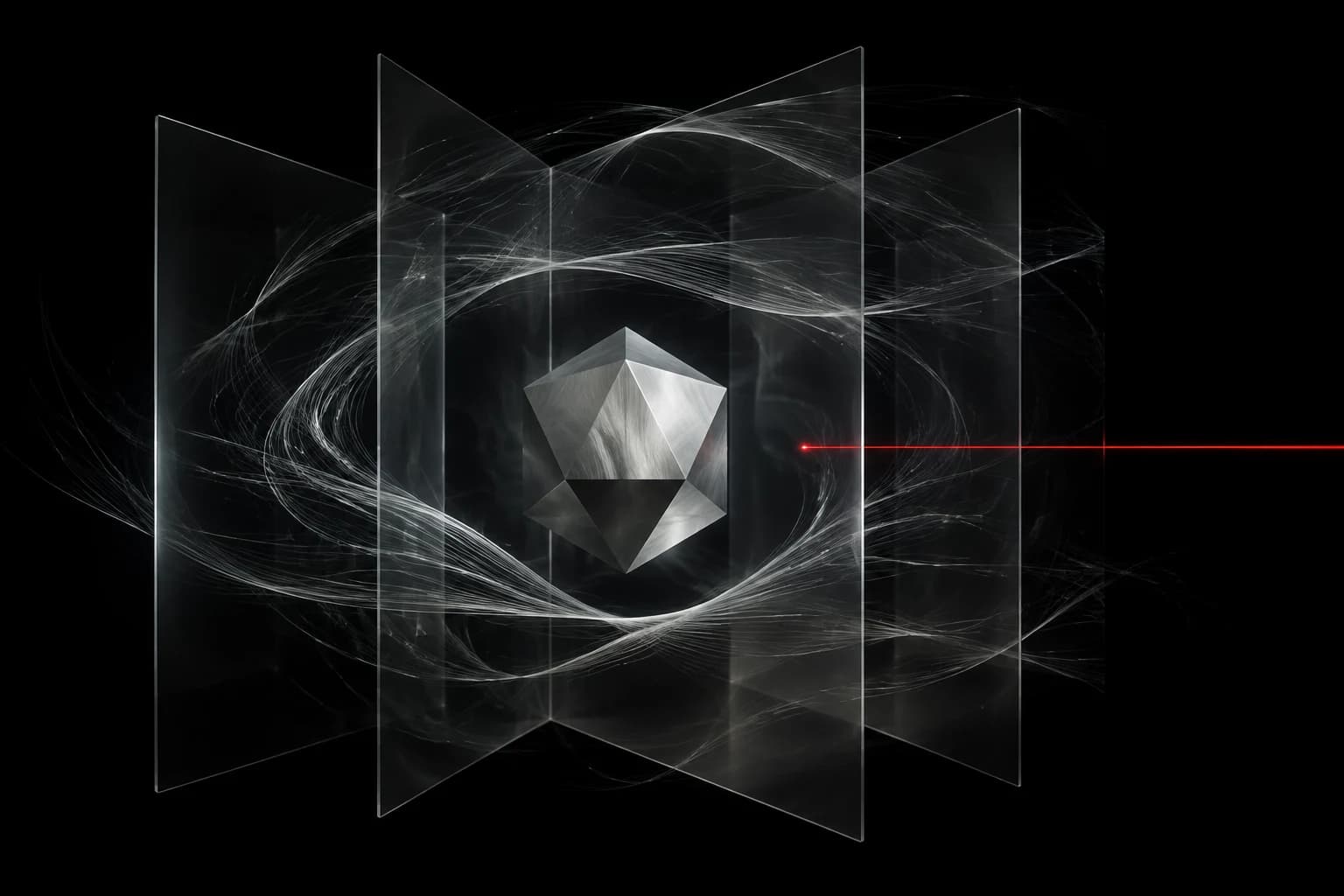 A silver polyhedral core floats inside a black observation chamber, where a white signal and a narrow red sightline pass through layered smoked-glass planes