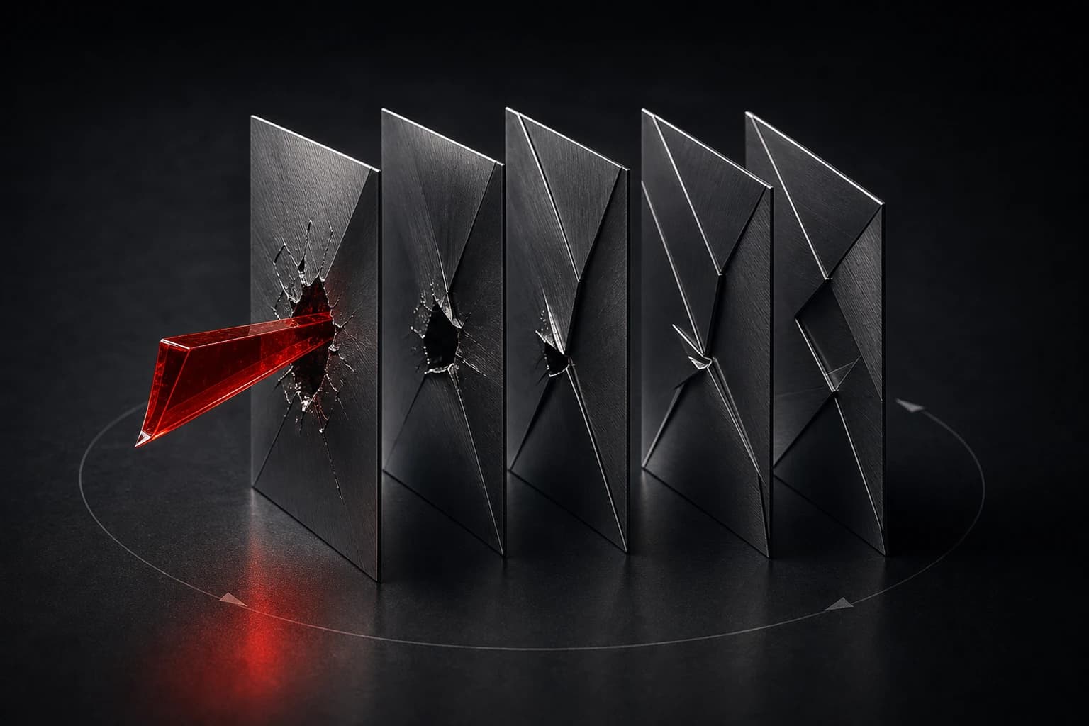 A red glass wedge passes through punctured metal shutters toward later shutters that fold tightly closed