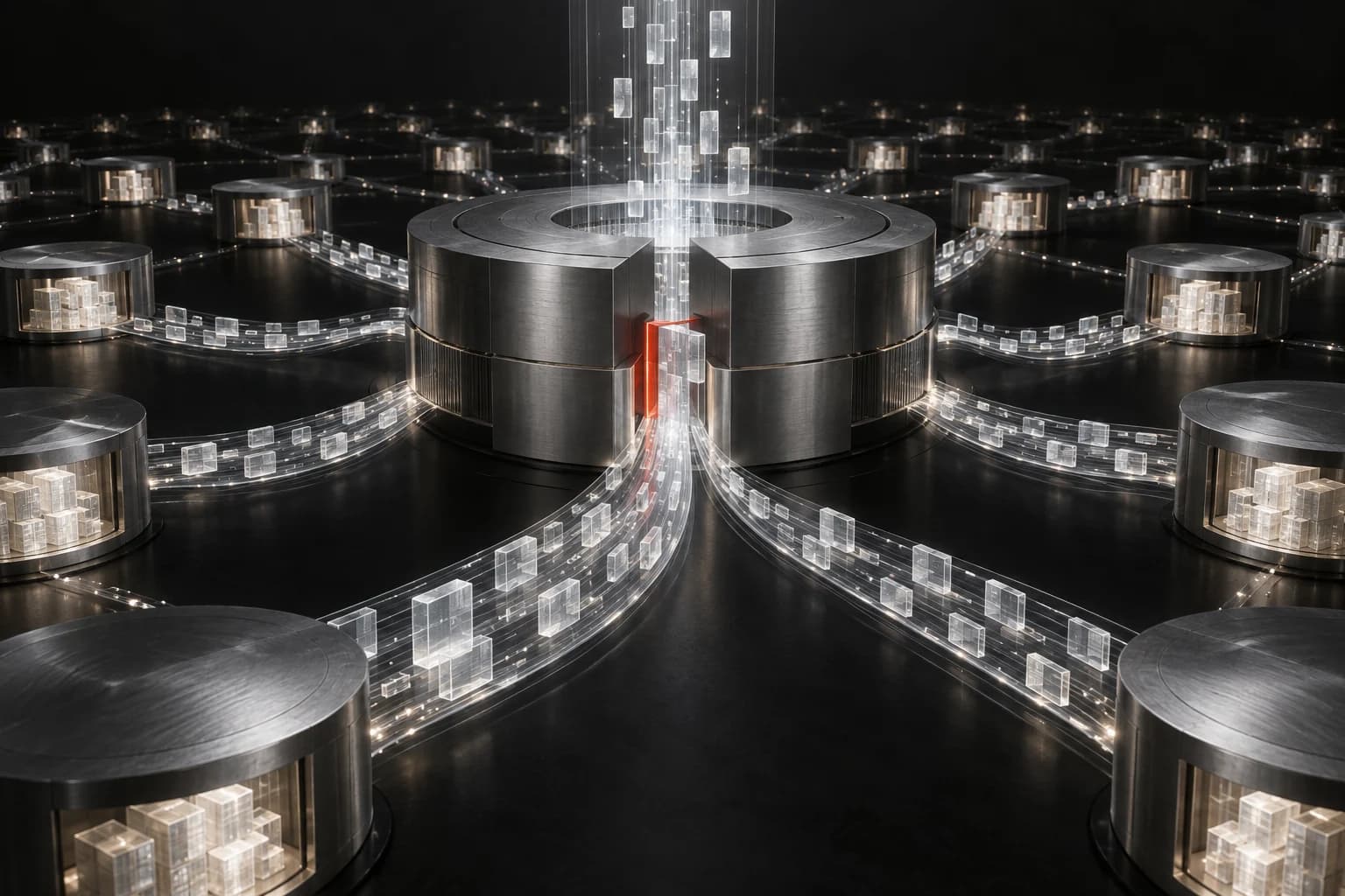 A circular brushed-silver hub routes clear rectangular fragments through one narrow red gate toward distant graphite chambers