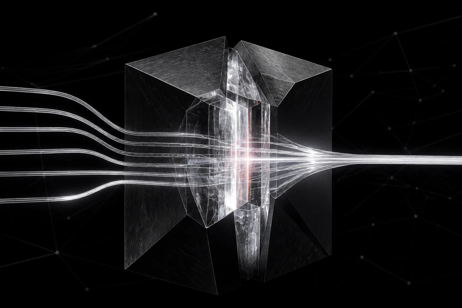 Silver streams pass through a layered graphite and glass structure and converge into one clear bright path against a black field