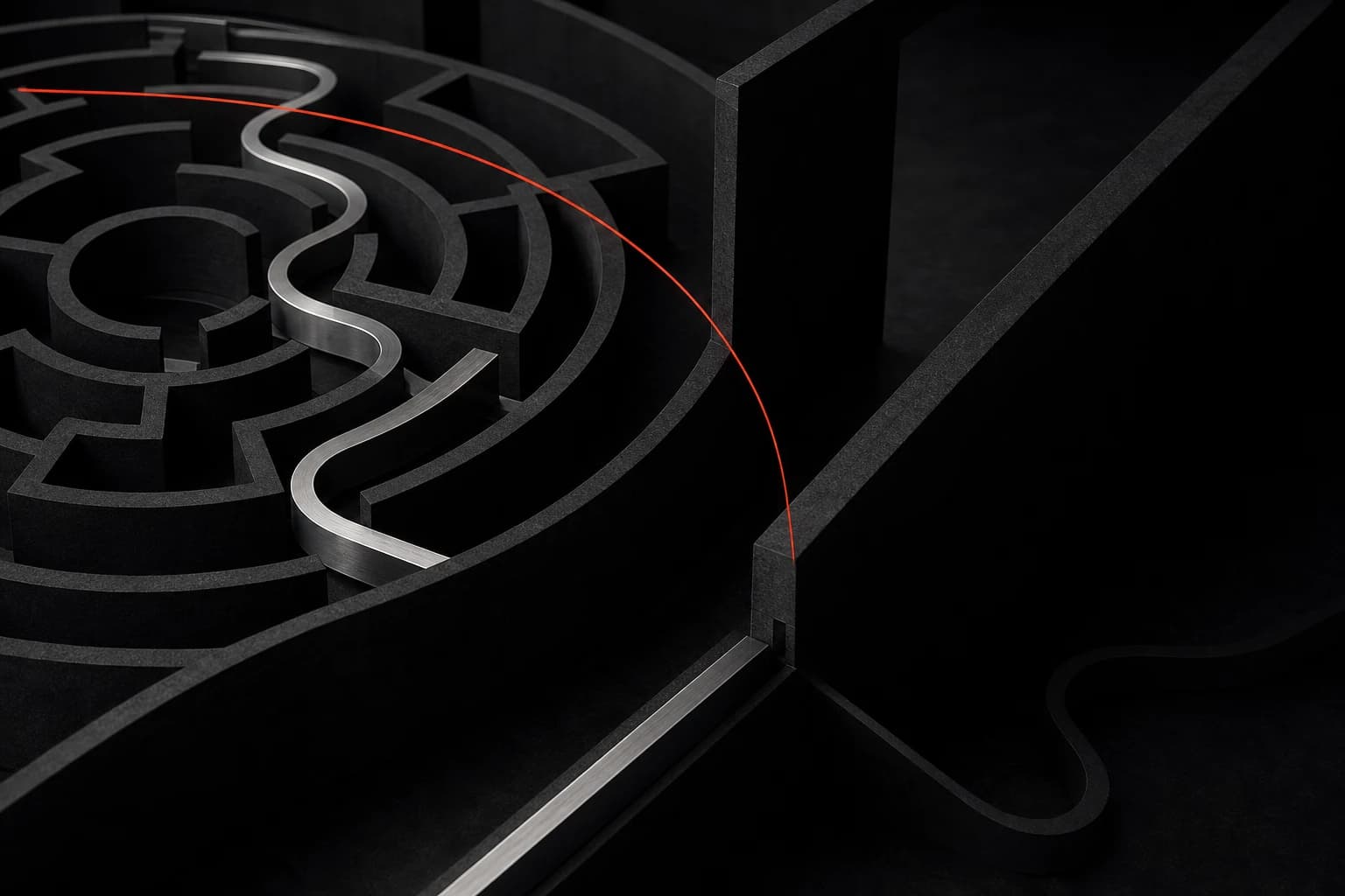 A silver path leaves a dark maze through a narrow opening while one red arc reveals its full trajectory