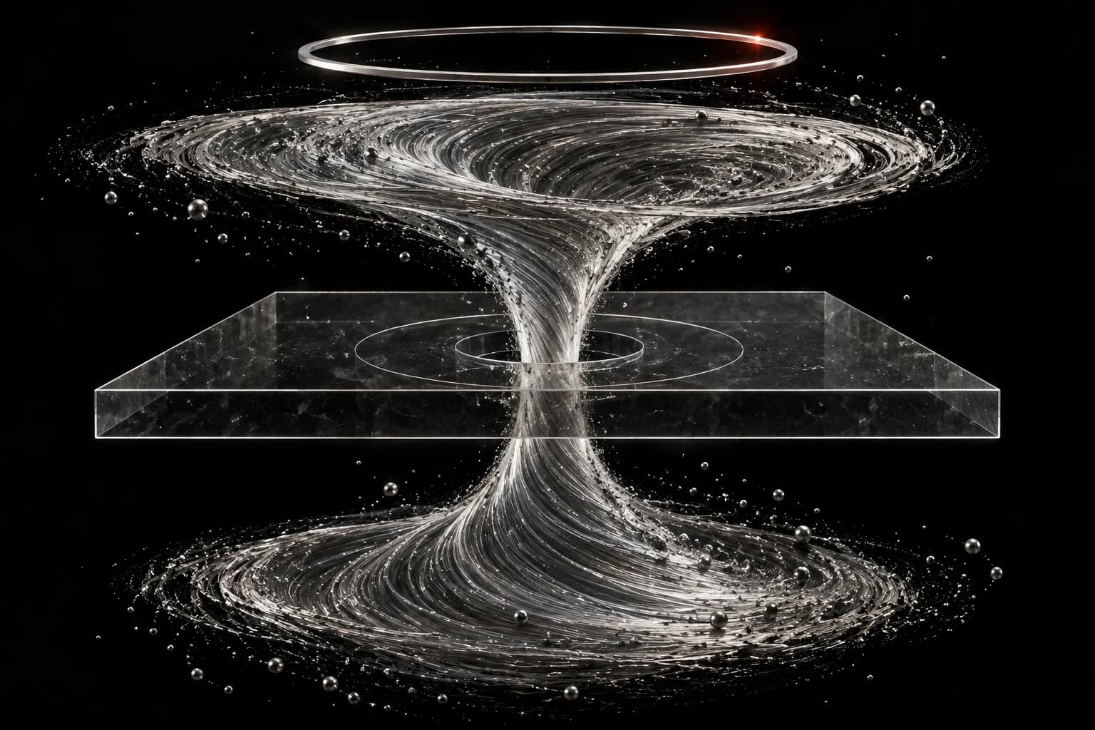 A silver fluid vortex narrows through a transparent graphite verification frame beneath a separate ring of light with one restrained red point