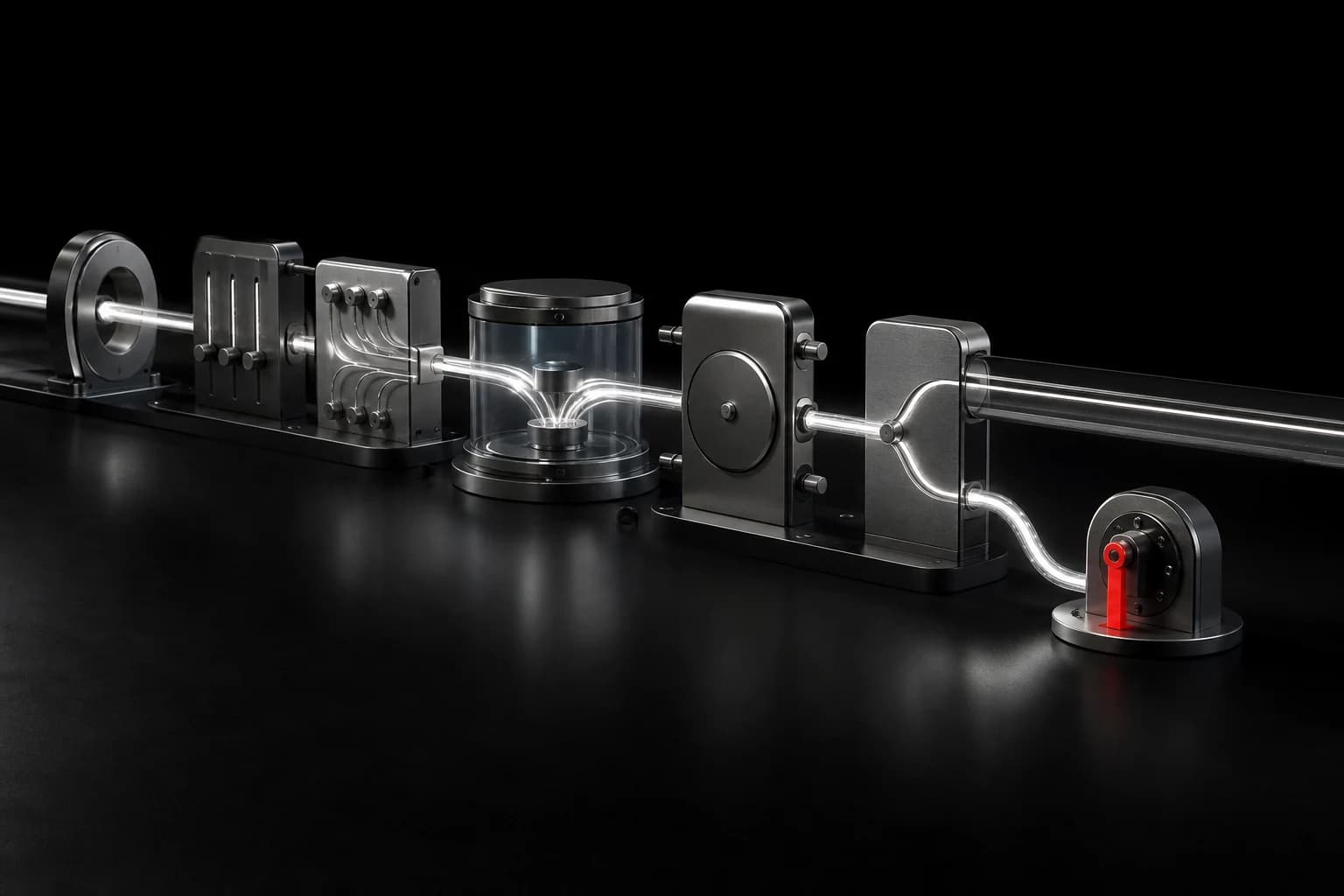 A luminous workflow passes through metal control gates and evaluation chambers before reaching a small red handoff latch