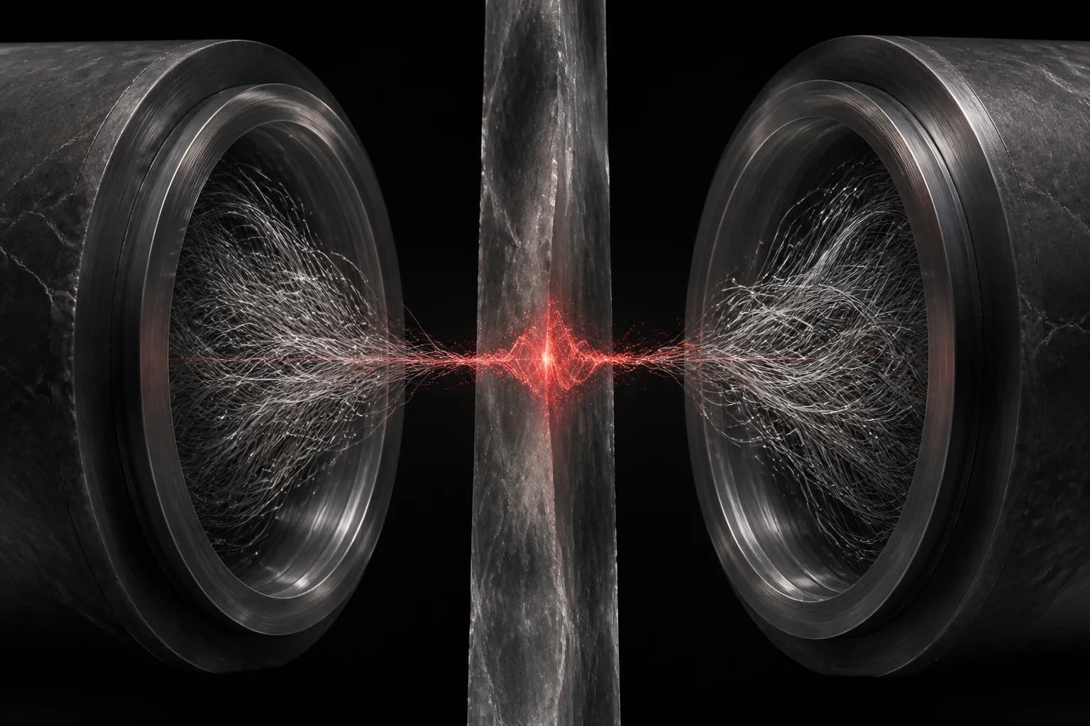 Two dark graphite chambers hold separate silver filament fields, divided by a vertical mineral plane that emits one small red signal