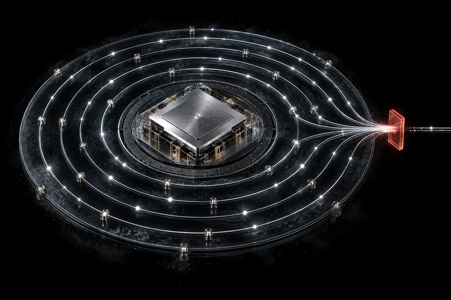 A compact silver quantum-chip form sits inside six concentric translucent measurement paths that converge on a small red control gate