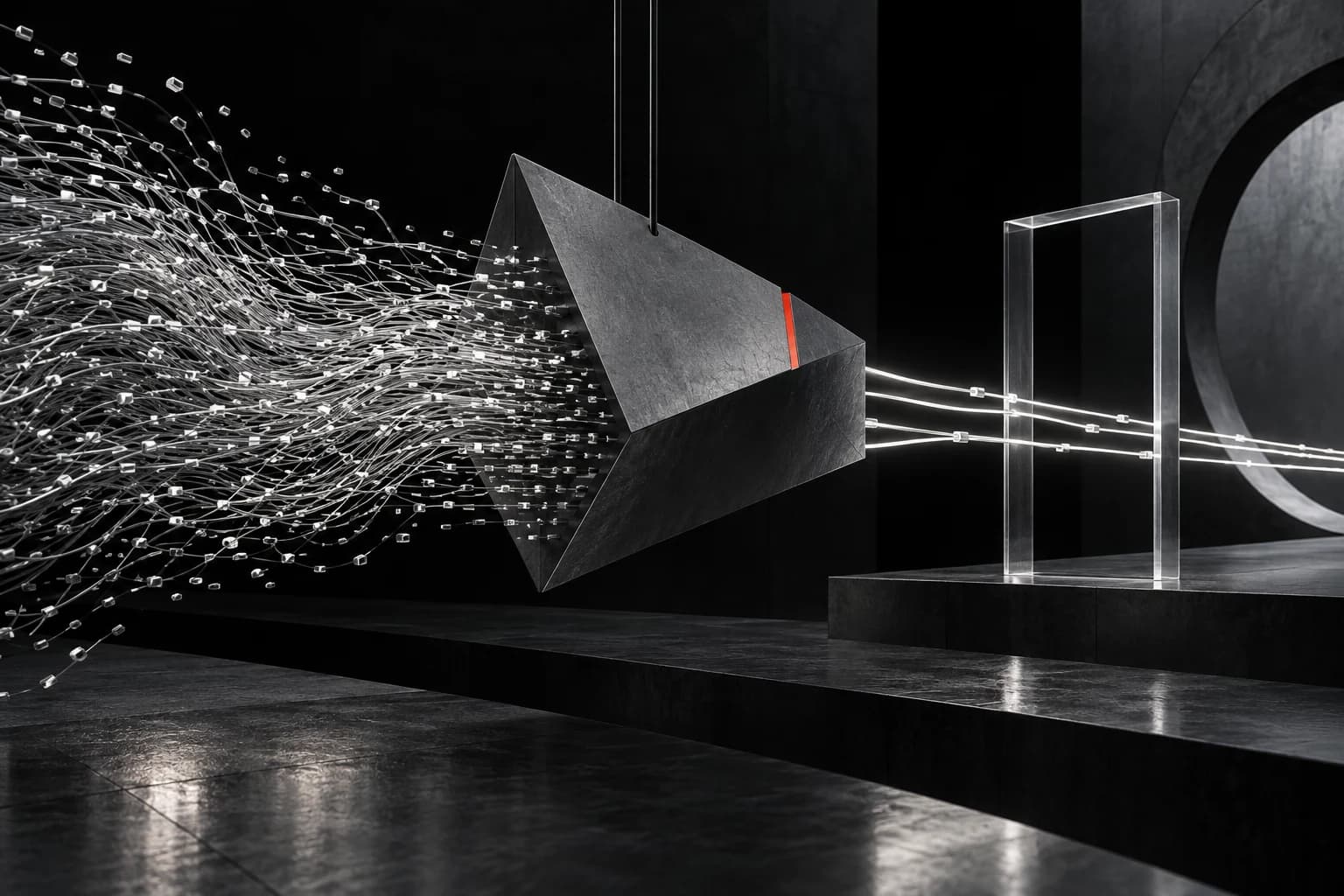 Many silver computation paths enter a graphite prism and emerge as a few clean white lines beside a small red calibration mark