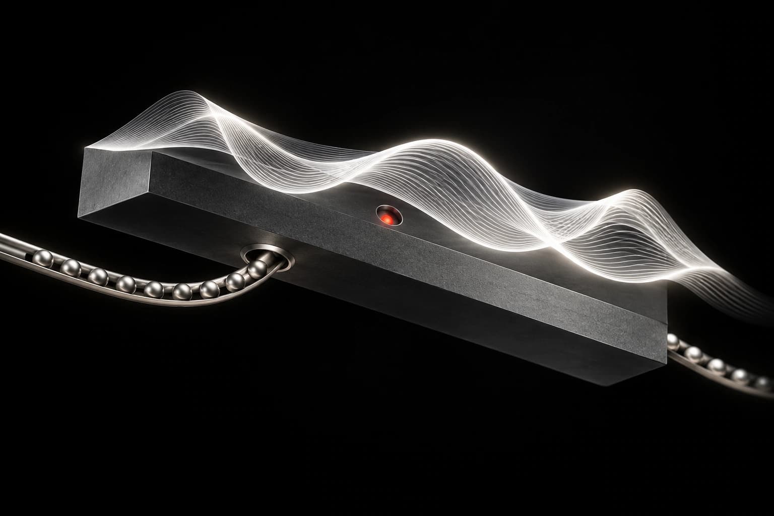 Silver beads pass through a conduit beneath an opaque graphite barrier, separate from a white wave above, with a small red status point.
