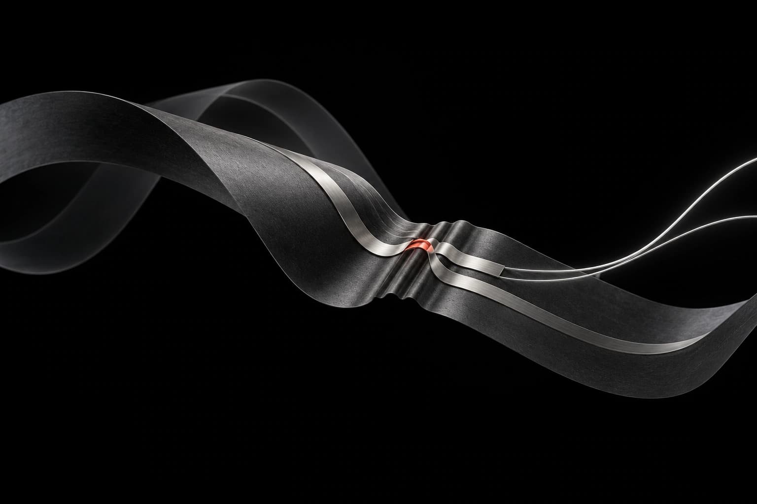A corrugated graphite ribbon carries two silver sensing strips and white filaments, with a red segment at the bend and a translucent offset ribbon behind.